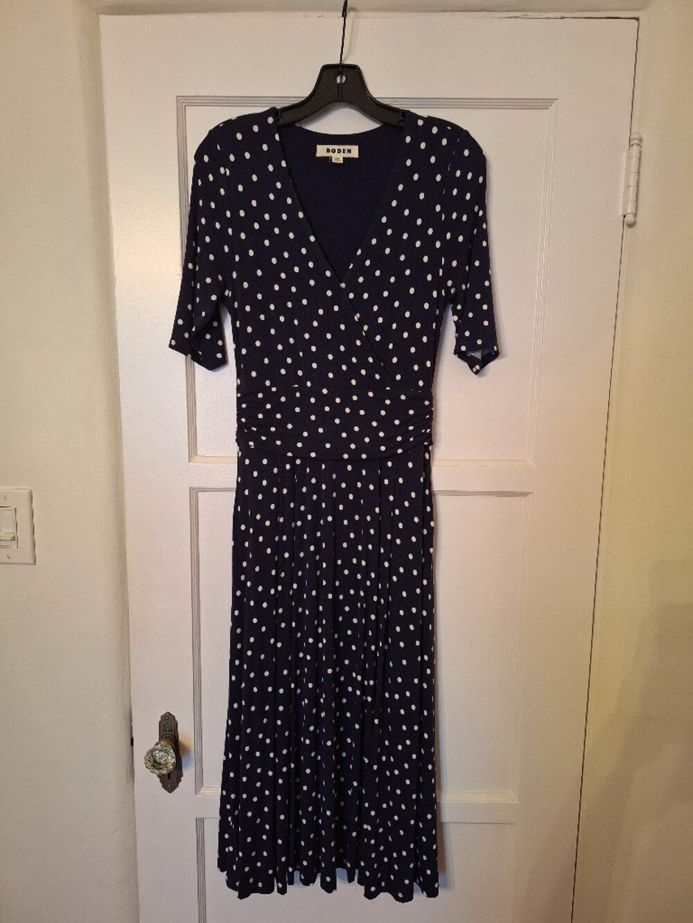Boden navy blue and white polka dot dress